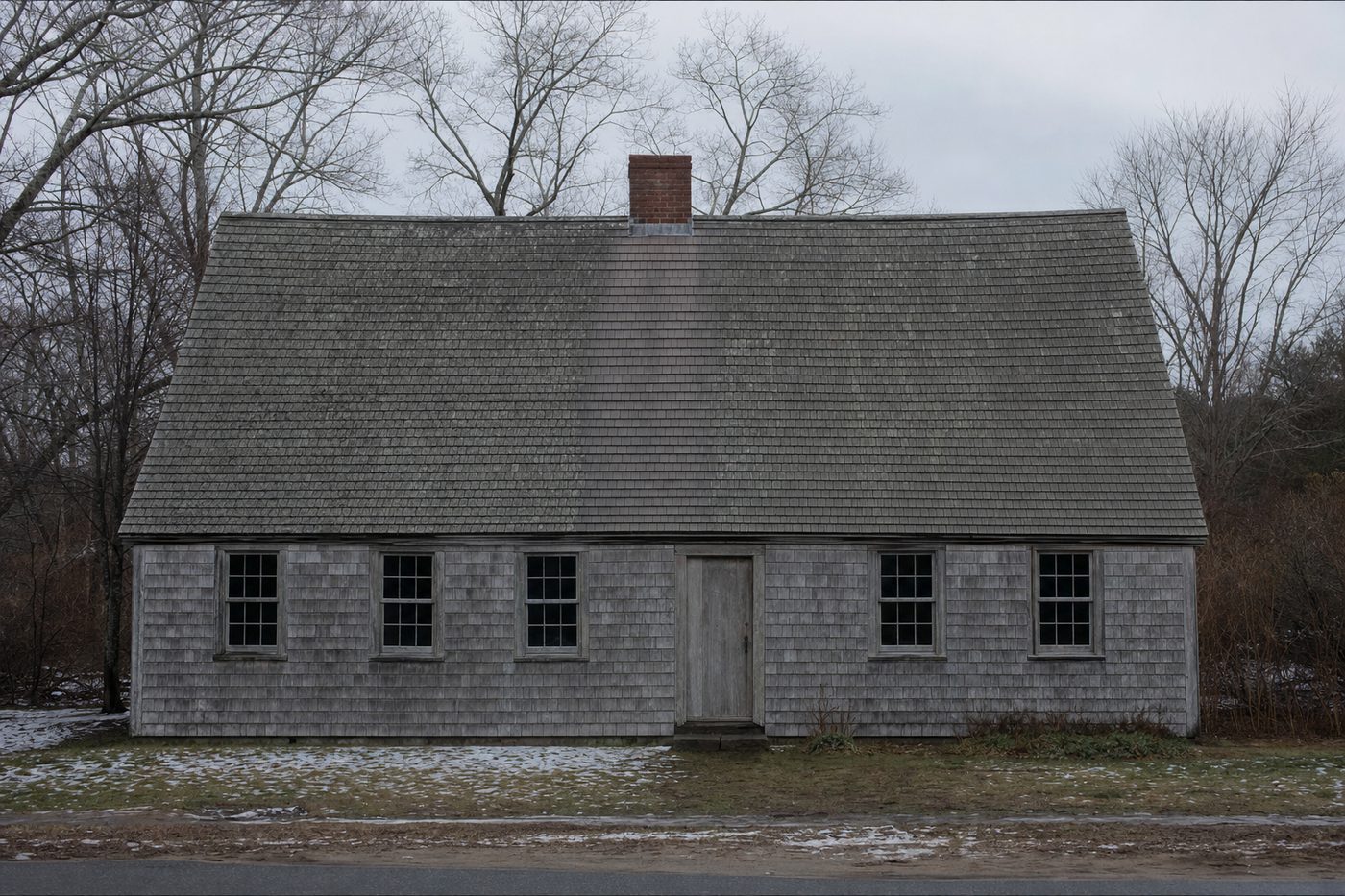 A weathered Cape seen square on from the road, one and a half storeys, eave line just above the ground-floor windows, central brick chimney.