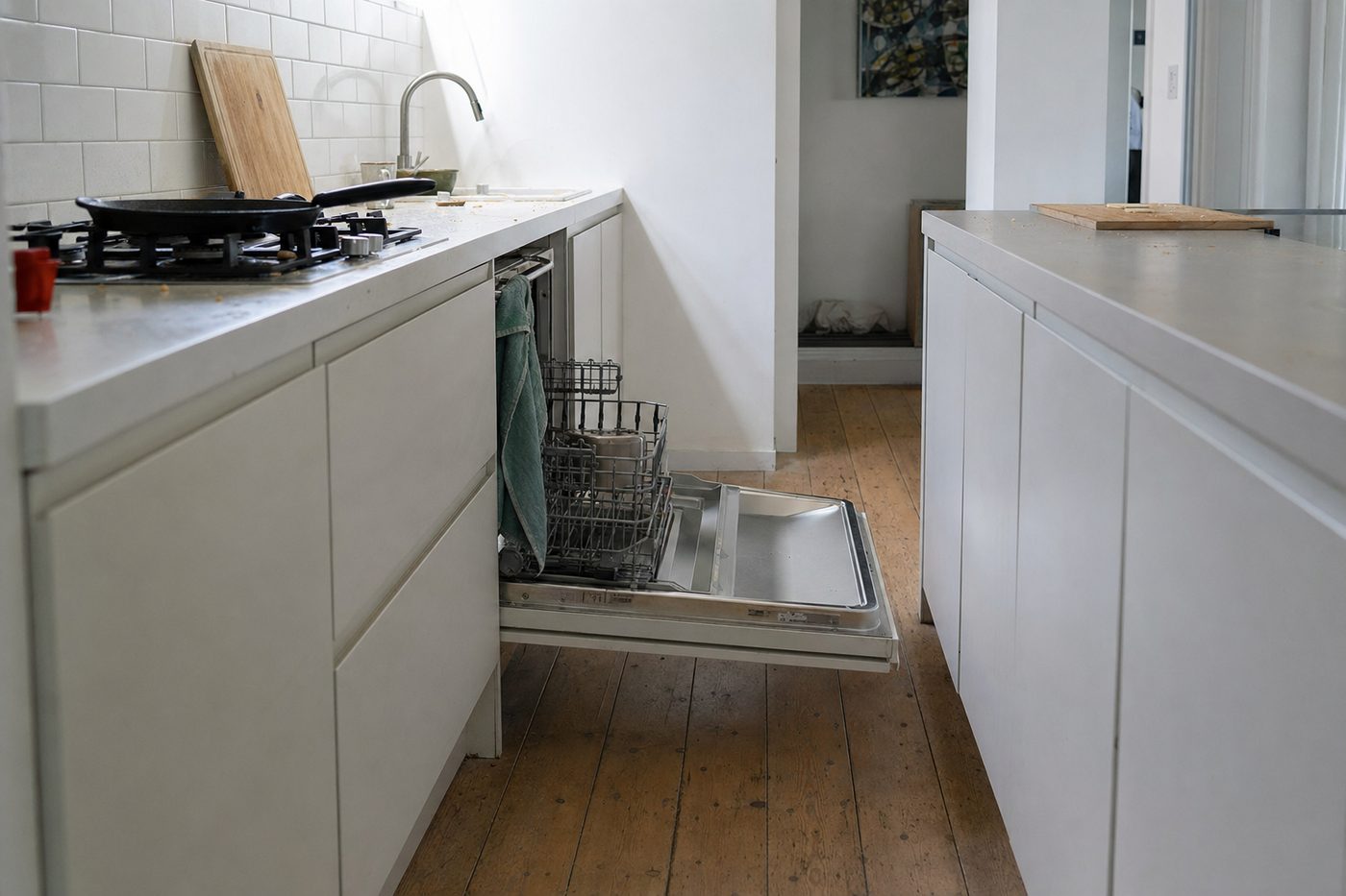 A kitchen aisle with the dishwasher door hanging fully open across it, leaving a narrow gap to the island.