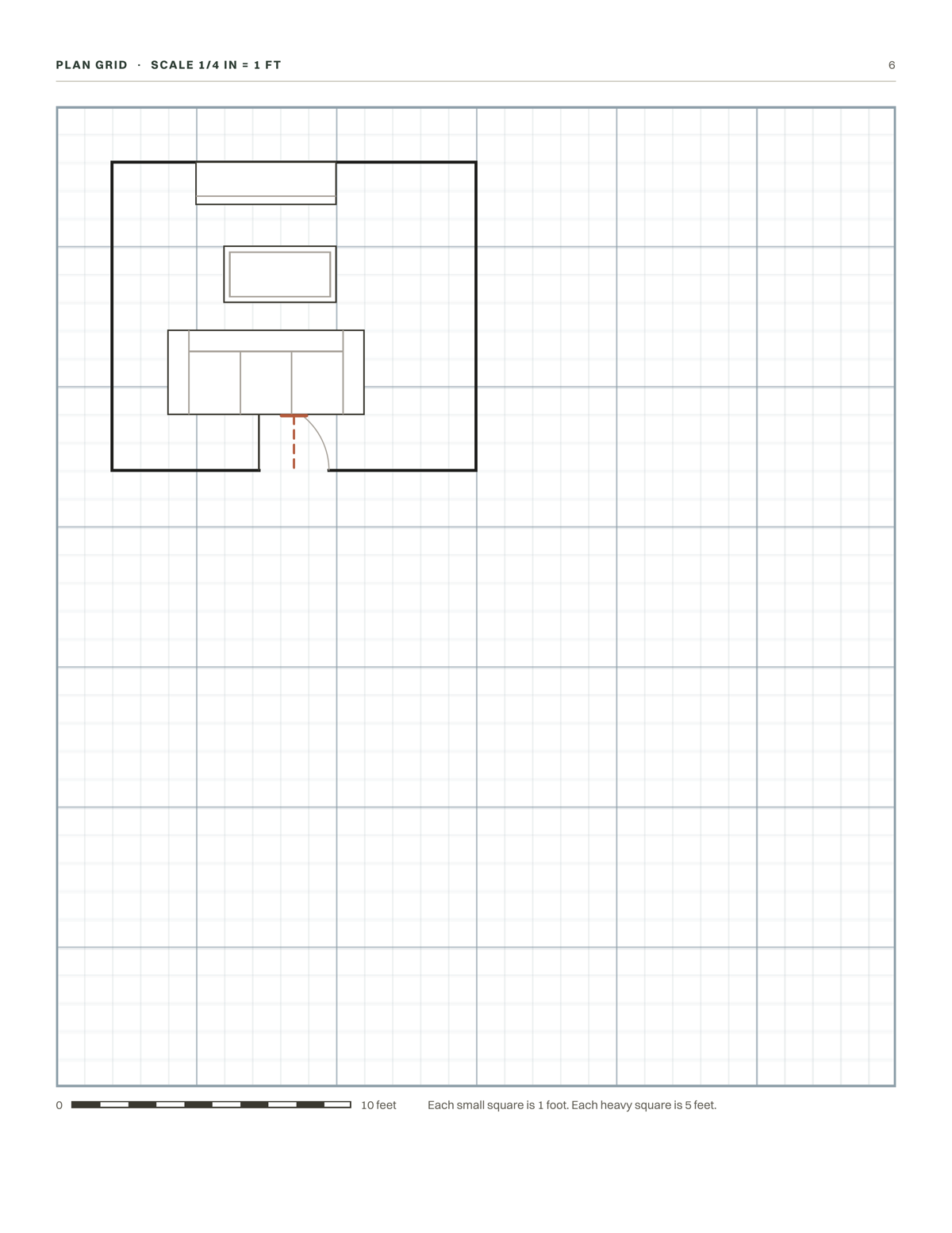 Room Measure page 6, the plan grid drawn at a quarter inch to the foot, with three page-8 furniture cut-outs, a sofa, a coffee table and a media console, placed on it near a door in the lower wall, and a dashed route line in orange tracing a path from the door that stops at the furniture.