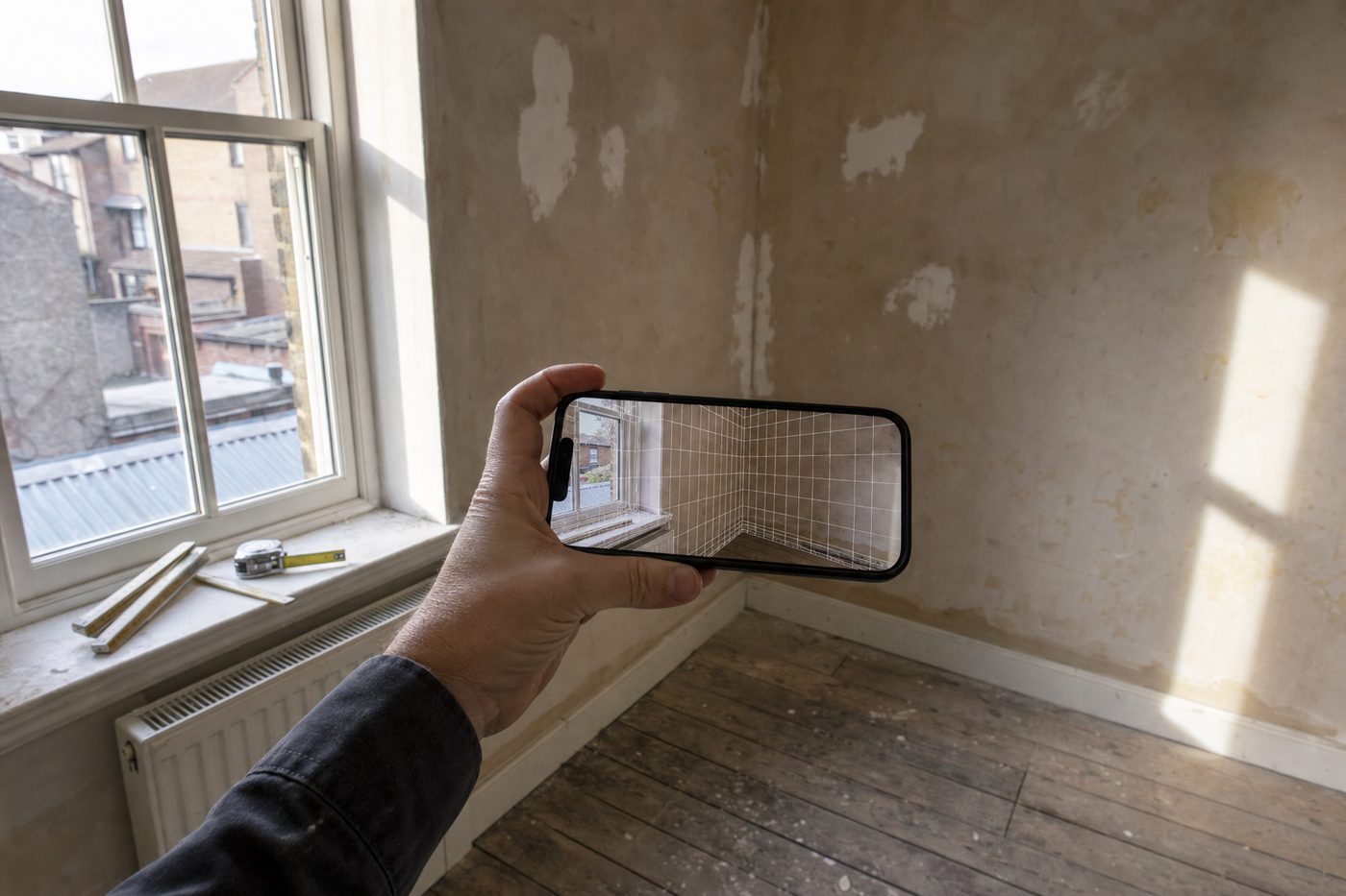 A phone held up in an empty room, its screen showing a live white wireframe mesh over the wall and window, with a wooden folding rule and a steel tape lying on the sill beside it.
